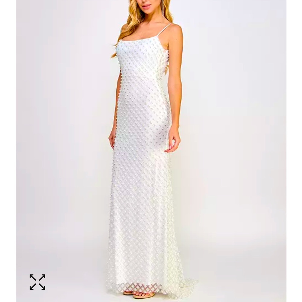 White Glitter and Faux-Pearls Open-Back Gown